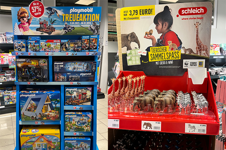 Collage Aufsteller im Hollender-Markt schleich- und Playmobil-Treueaktion