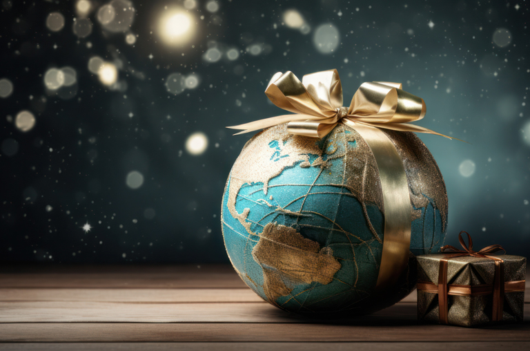 Weihnachts- und Silvesterbräuche weltweit. Eine Christbaumkugel im Weltkugel-Design