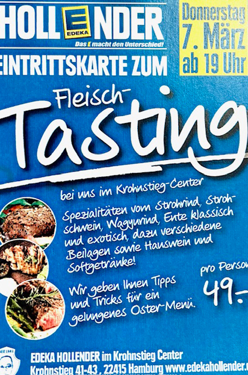 Plakat Fleisch-Tasting bei EDEKA Hollender im Krohnstieg-Center