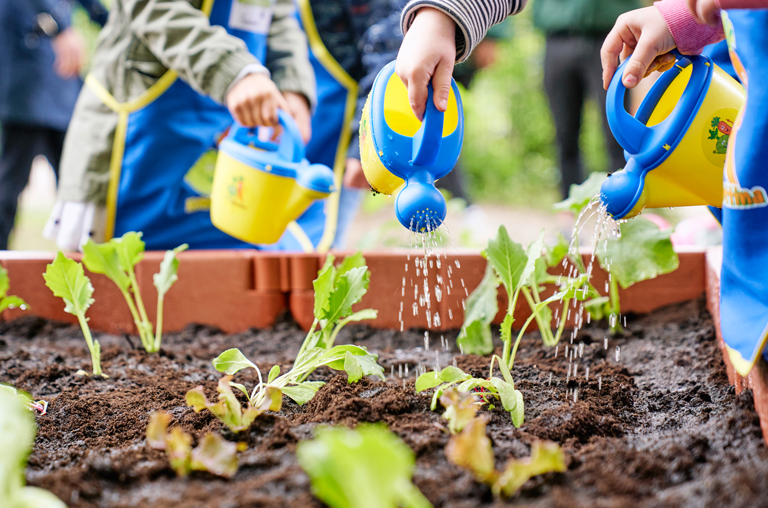 Kinder gießen mit den von der EDEKA-Stiftung im Rahmen der Aktion "Gemüsebeete für Kids" gestellten Gießkannen ihre Pflanzen im eigens angelegten Hochbeet