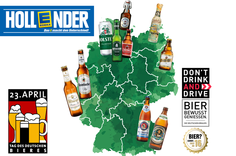 Eine Grafik zum Tag des Deutschen Bieres mit einer Deutschlandkarte und verschiedenen Flaschenabbildungen