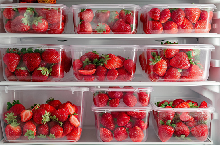 Erdbeeren in Plastikdosen verpackt im Kühlschrank