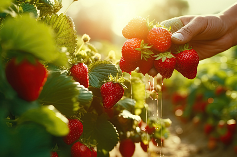 Frische Erdbeeren werden von einem Strauch gepflückt